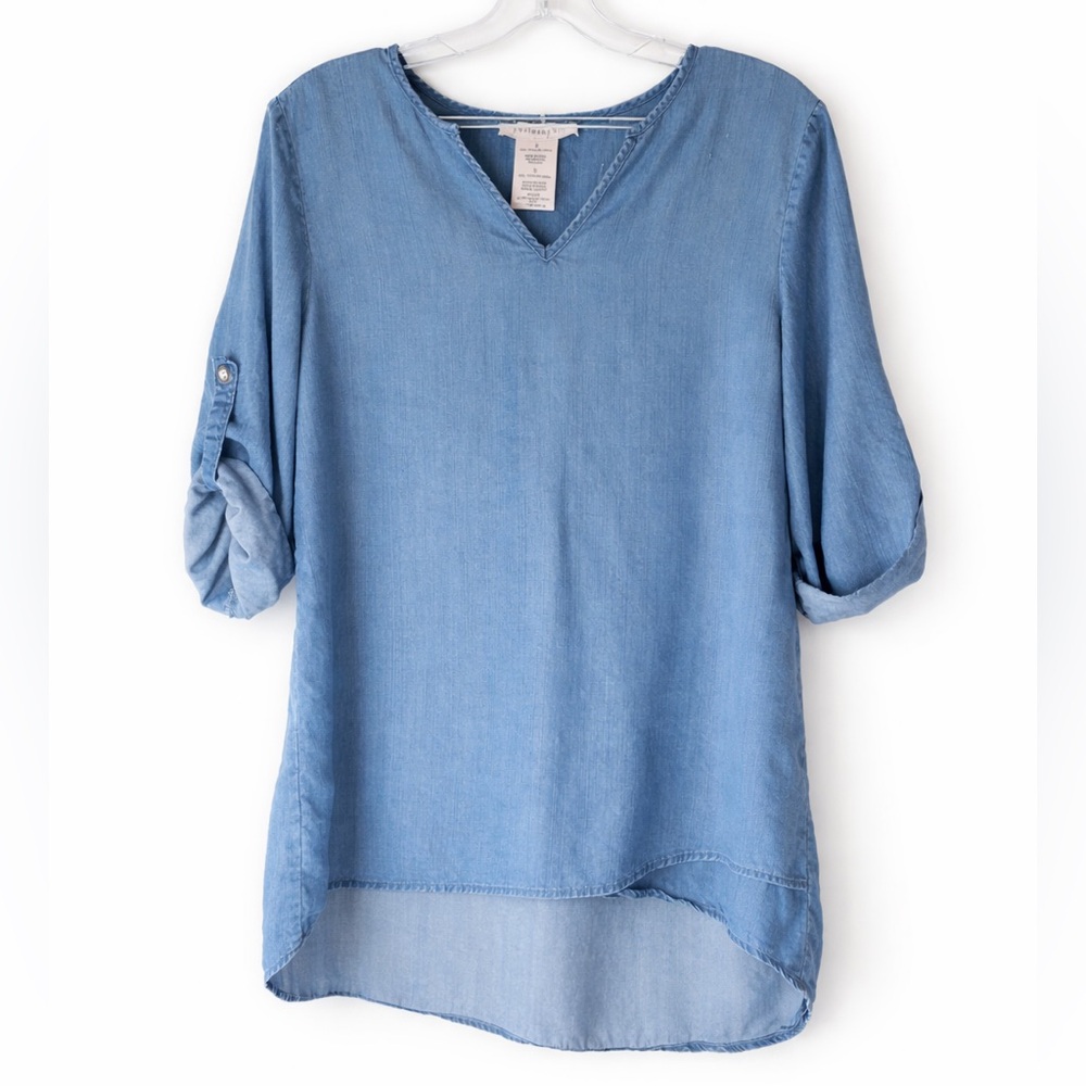 Philosophy Top Chambray Tencel Lyocell 3/4 Long Sleeve Blouse Shirt Size S Blue